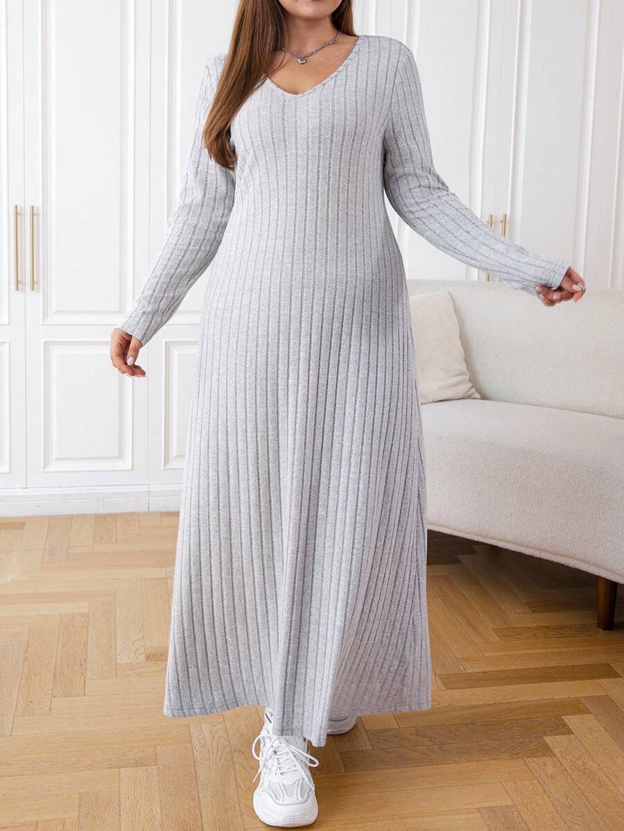 SHEIN EZwear Plus Solid V Neck Ribbed Knit Dress - Grey - View 1