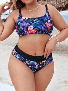 SHEIN Swim Curve Conjunto de bikini con estampado floral para mujer de talla grande, para vacaciones de verano en la playa - Multicolor - Ver 6