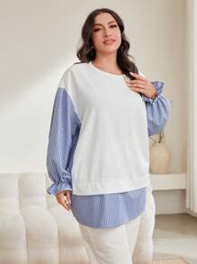 Mulvari Plus Striped Print Flounce Sleeve 2 In 1 Top