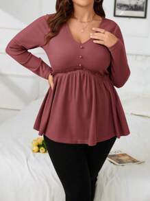 SHEIN LUNE Hơn Lá sen tỉa Nút phía trước Xoay eo Áo thun - Gỗ đỏ - Xem 5