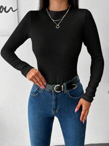 EURMUSE Solid Ribbed Knit Tee ,Petite Women - Black - View 3