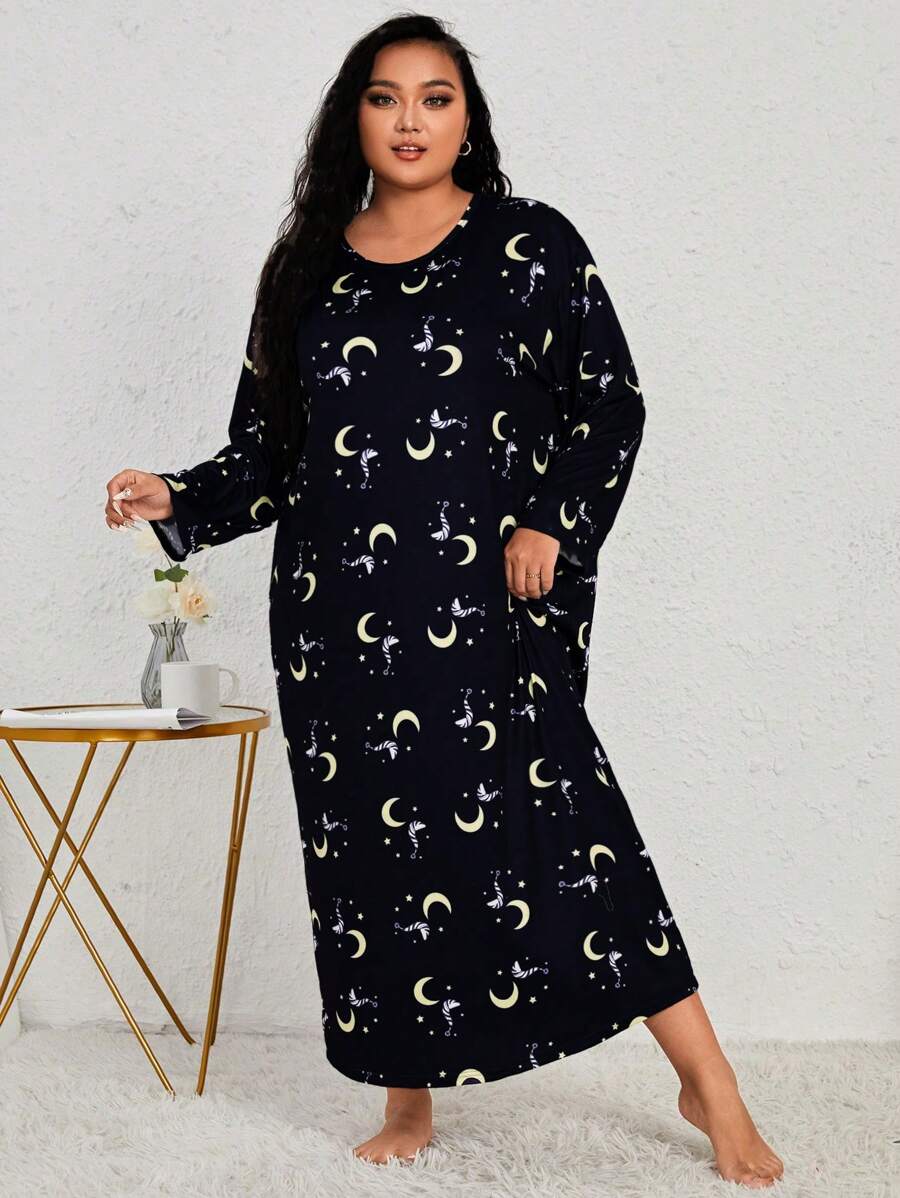 Plus Size Women's Round Neck Long Sleeve Pajama Dress With Moon And Star Print, Comfortable As Loungewear Or Casual Pajama Dress, Fall , Moo Moo Cozy And Elegant Details - Black - View 1