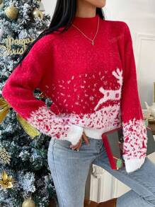 Christmas Pattern Mock Neck Drop Shoulder Sweater
