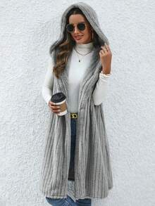 SHEIN LUNE 開門襟連帽法蘭絨外套馬甲 - 灰色 - 查看 4