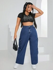 SHEIN EZwear Hơn Cao eo Túi nắp bên cạnh Quần jean chở hàng - Rửa tối - Xem 5