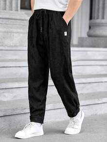 Manfinity RebelGame Men Letter Patched Detail Drawstring Waist Pants - Black - View 2