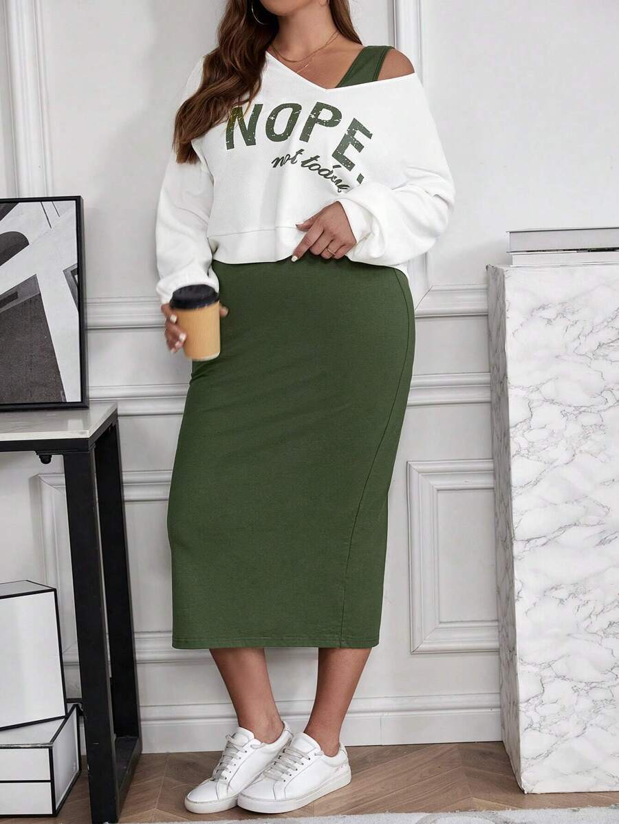 SHEIN LUNE Plus Size Leopard Print Two-Piece Set, V-Neck Long Sleeve Sweatshirt & Leopard Print Long Skirt Fall Women Clothes - Multicolor - View 1