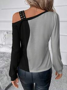 SHEIN Clasi Hai âm Chi tiết đáng kinh ngạc Cổ không đối xứng Áo thun - Màu Xám nhạt - Xem 2