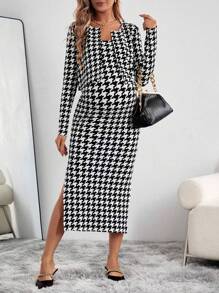SHEIN Maternity Houndstooth Dress And Jacket Two-piece Set - Black and White - View 1
