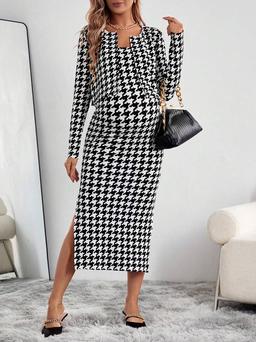 SHEIN Maternity Houndstooth Dress And Jacket Two-piece Set - Black and White - View 1