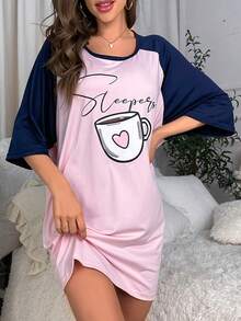 Cà phê & Đồ họa Chữ cái Tay Raglan Váy ngủ - Hồng - Xem 3