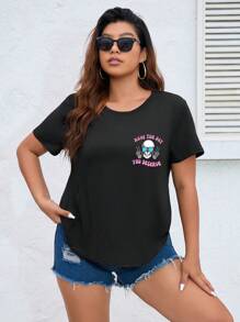 SHEIN EZwear Hơn Sọ & Đồ họa Khẩu hiệu Áo thun - màu đen - Xem 5