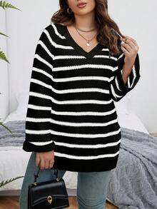 Calvaya Plus Size Striped Raglan Sleeve Sweater - Multicolor - View 6