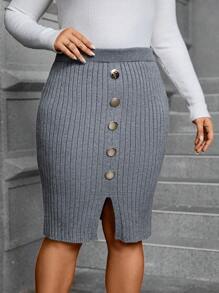 SHEIN Clasi Plus Button Detail Split Hem Sweater Skirt