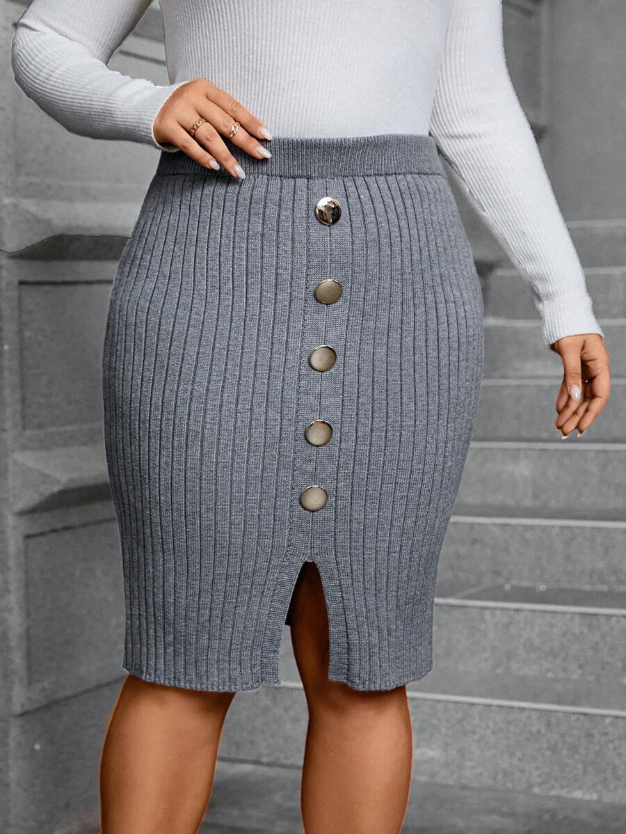 SHEIN Clasi Plus Button Detail Split Hem Sweater Skirt