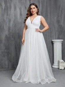 Faeriesty Plus Plunging Neck Ruched Mesh Formal Dress Plus Size White Elegant Prom Evening Wedding Guest Gown, For Graduation, Dinner - White - View 6