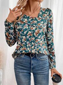 SHEIN LUNE Floral Print Asymmetrical Neck Blouse - Green - View 5