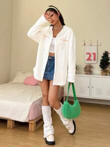 SHEIN Qutie Text Pattern Shearling Hooded Jacket - Beige - View 4