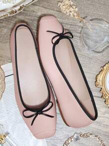 蝴蝶結裝飾撞色滾邊方頭芭蕾舞鞋 - 米色 - 查看 5
