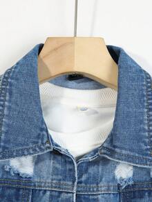 Tween Girl Ripped Flap Pocket Denim Jacket Without Tee - Medium Wash - View 3