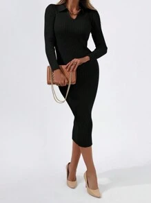 RueChic Solid Rib-knit Bodycon Jumper Dress - Black - View 5