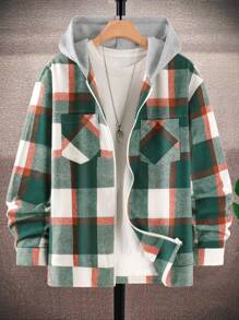 Aesthetic Post Cazadora Holgada Con Capucha A Cuadros Para Hombres - Verde - Ver 1