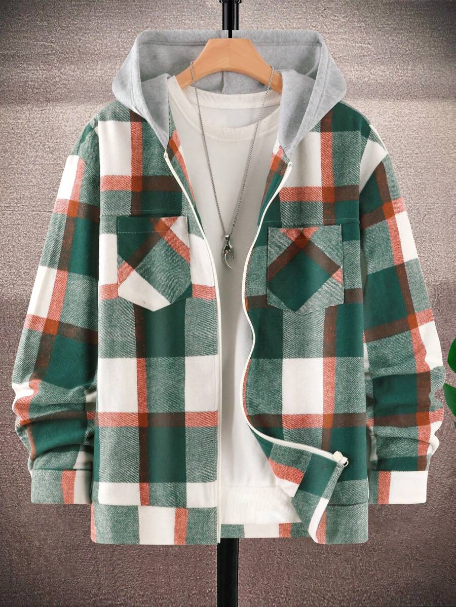 Aesthetic Post Cazadora Holgada Con Capucha A Cuadros Para Hombres - Verde - Ver 1