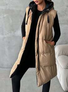 EURMUSE Zip Up Hooded Puffer Vest Coat - Black - View 4