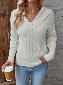 SHEIN LUNE Cable Knit Drop Shoulder Hooded Sweater Knit Pullover Fall Winter Outfit