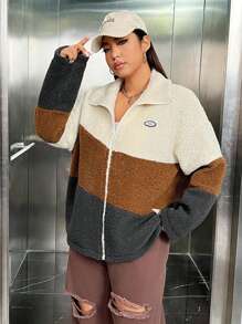 SHEIN EZwear Kích thước lớn Khối màu Teddy Lông cừu Áo khoác - Nhiều màu - Xem 4