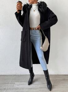 SHEIN Clasi 毛茸邊連帽雙口袋落肩袖開門襟外套 - 黑色 - 查看 4