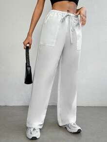 SHEIN Essnce 素色腰部抽繩斜口袋闊腿褲 - 白色 - 查看 4