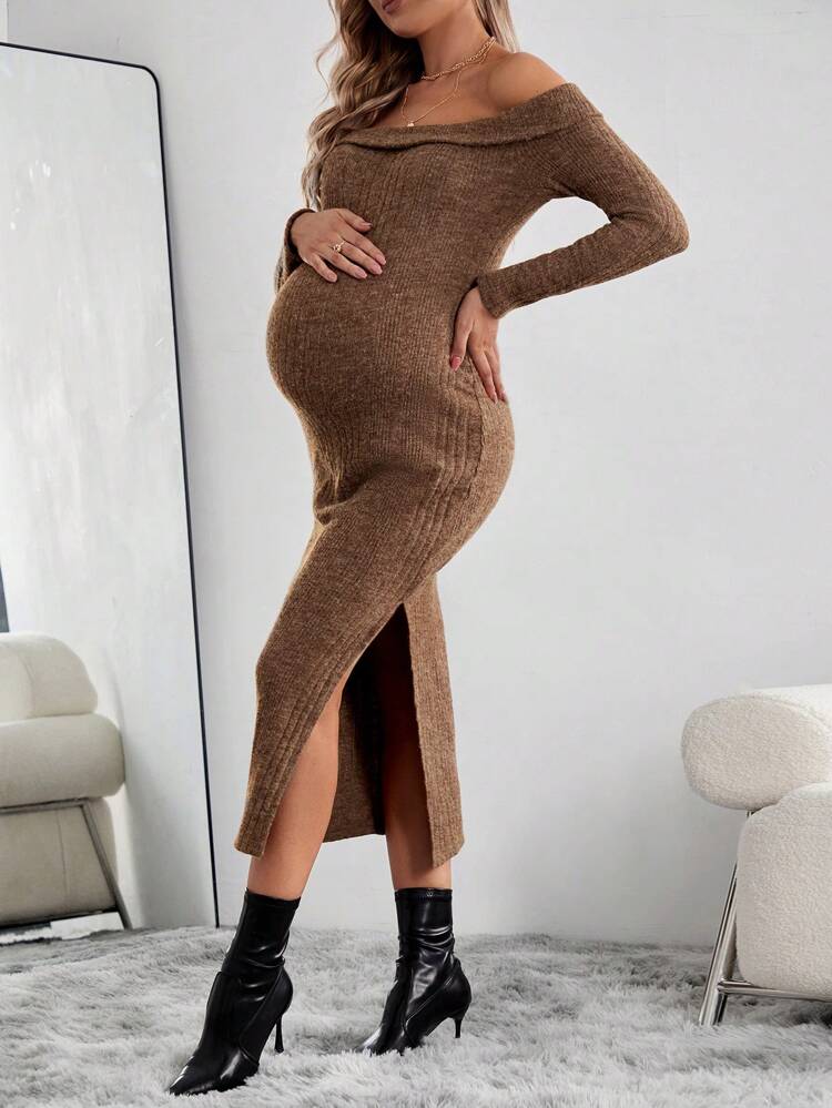 Maternity Off-The-Shoulder Slit Hem Dress