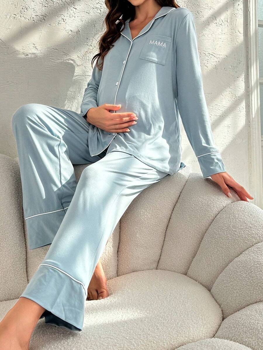 Moonlight&Mama Maternity Contrast Piping Pocket Patched Shirt & Pants PJ Set / Pajama Set For Mother , Cozy And Elegant Details, Clothes Outfit, Fall & Winter - Blue - View 1