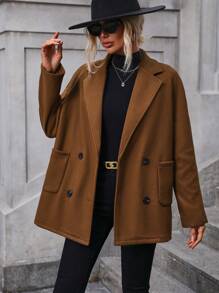 SHEIN Privé Lapel Neck Double Breasted Dual Pocket Raglan Sleeve Blazer - Coffee Brown - View 5