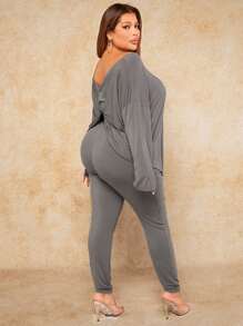 Shein Sxy 女士露肩交叉領口純色加大尺寸兩件式女裝 - 灰色 - 查看 2