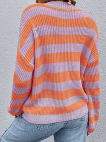 Chiquease Striped Pattern Drop Shoulder Knit Pullover Fall Winter Sweater - Multicolor - View 2