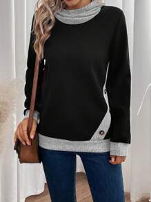 SHEIN LUNE 拼接邊紐扣細節運動衫 - 黑色 - 查看 1