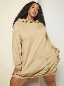 SHEIN CURVE+ 大碼字母貼布袋鼠口袋落肩袖連帽衛衣裙 - 卡其色 - 查看 8