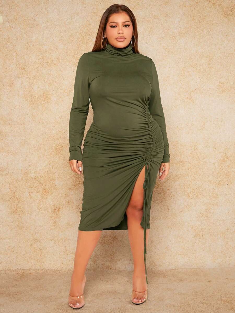 SHEIN SXY 大尺碼束腰分擺裙，新年女裝聖誕綠裝 - 綠色 - 查看 1