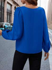 Women's Solid Color Keyhole Neck Lantern Sleeve Elegant Blouse Spring Summer Elegant Vacation Casual - Royal Blue - View 3