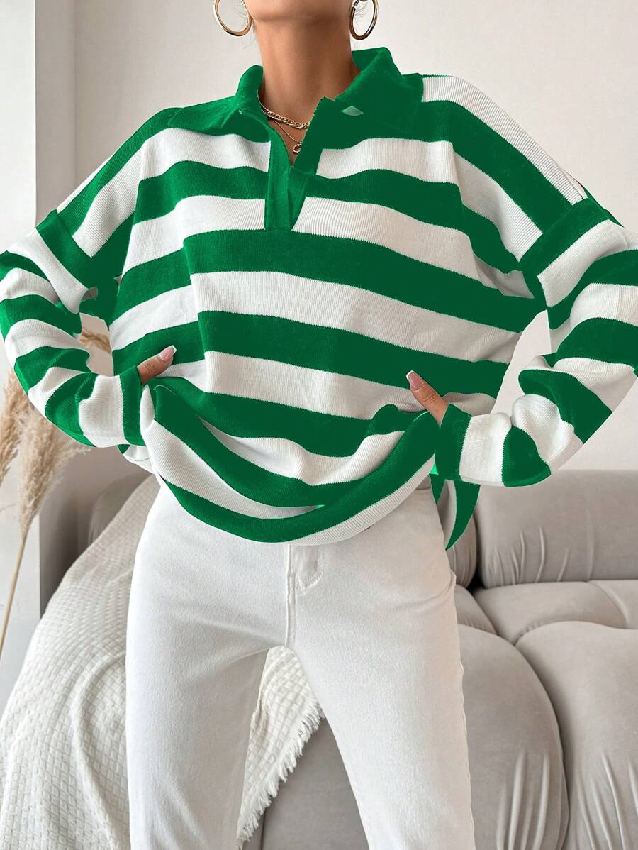 EURMUSE Striped Pattern Drop Shoulder Sweater - Green - View 1