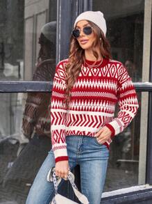 SHEIN LUNE Jersey con patrón geométrico de hombros caídos - Rojo y blanco - Ver 4