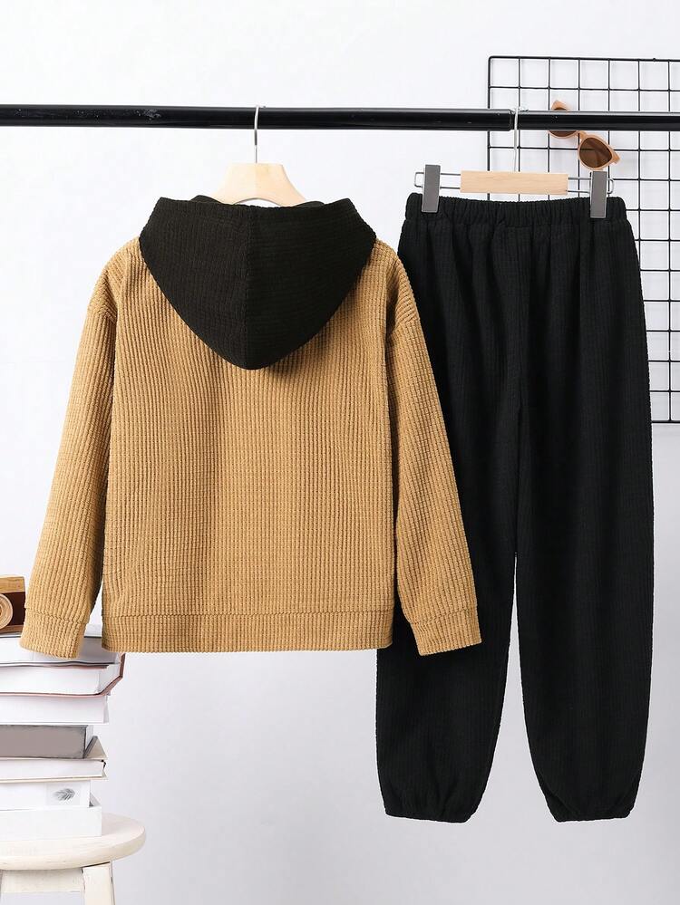 男の子用 カラーブロック フード付き 長袖tシャツ&スウェットパンツ 2点セット