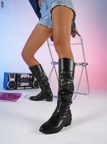 Women's Over Knee Boots With Pleated Design - Black - View 1