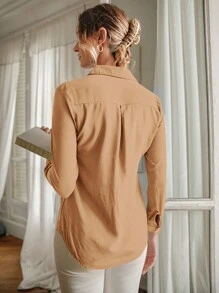 EURMUSE Solid Button Front Shirt - Beige - View 4