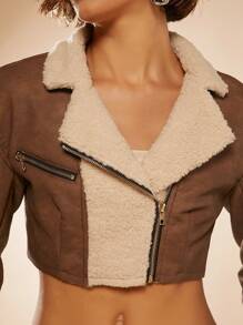 Hauture 拼色泰迪外套和裙子套裝 - 棕色 - 查看 6