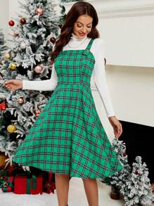 SHEIN Frenchy 1pc Tartan Print Overall Dress Without Tee - Green - View 1