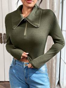 SHEIN Essnce Của phụ nữ Đồ đan Ribbed Thon gọn Áo thun Với Vòng cổ - xanh quân đội - Xem 4