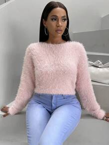 SHEIN Slayr Chất rắn Thả vai Đan mềm mại Áo len - Hồng - Xem 5